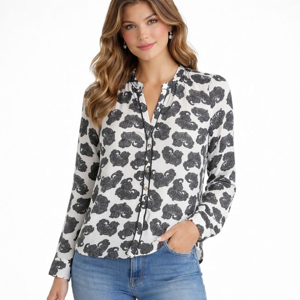 A.L.C Silk Paisley Print Button Up Blouse Black White